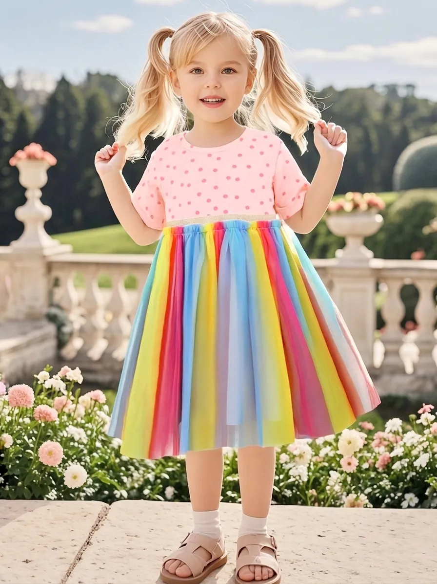 Robe d'été à Manches Courtes pour Filles en Maille Arc-en-ciel Coton Pois Patchwork Robe de Princesse pour Enfants