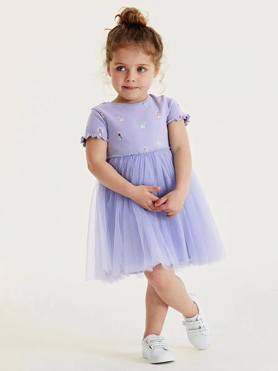 Robe à Manches Courtes pour Filles Little Maven Jupe en Tulle Lavande Imprimé Licorne Coton Robe de Princesse Été