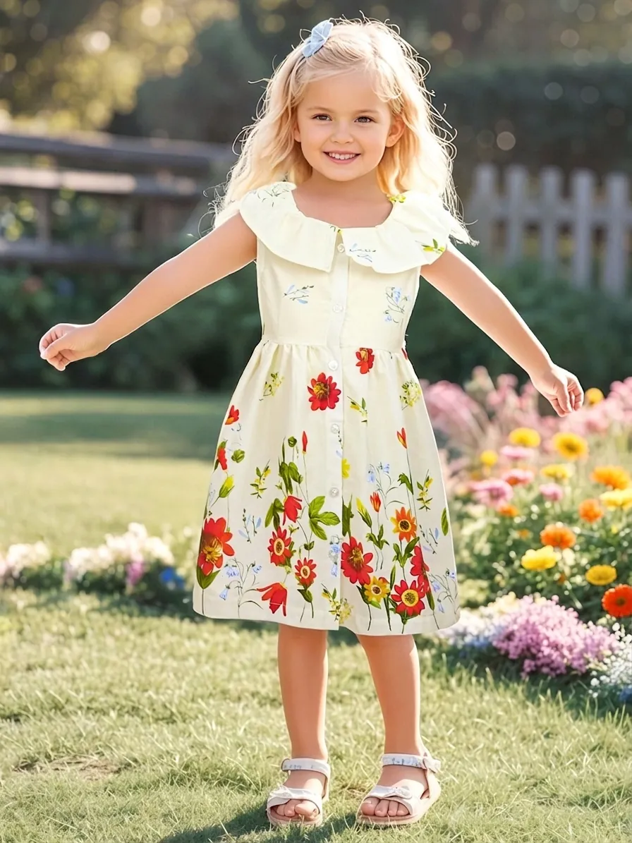 Abito Senza Maniche in Cotone a Fiori per Ragazza Colletto a Volant Bottone Frontale Smock Estivo Pastorale Principessa
