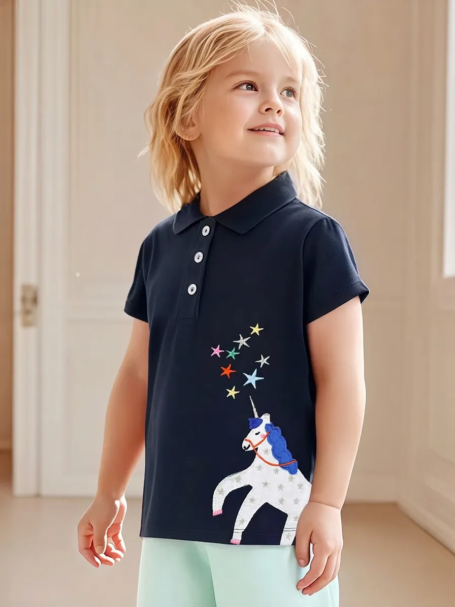 Mädchen Baumwolle Poloshirt Kurzarm Umlegekragen Marineblau Einhorn Applikation Sterne Kinder Sommer Lässiges Top