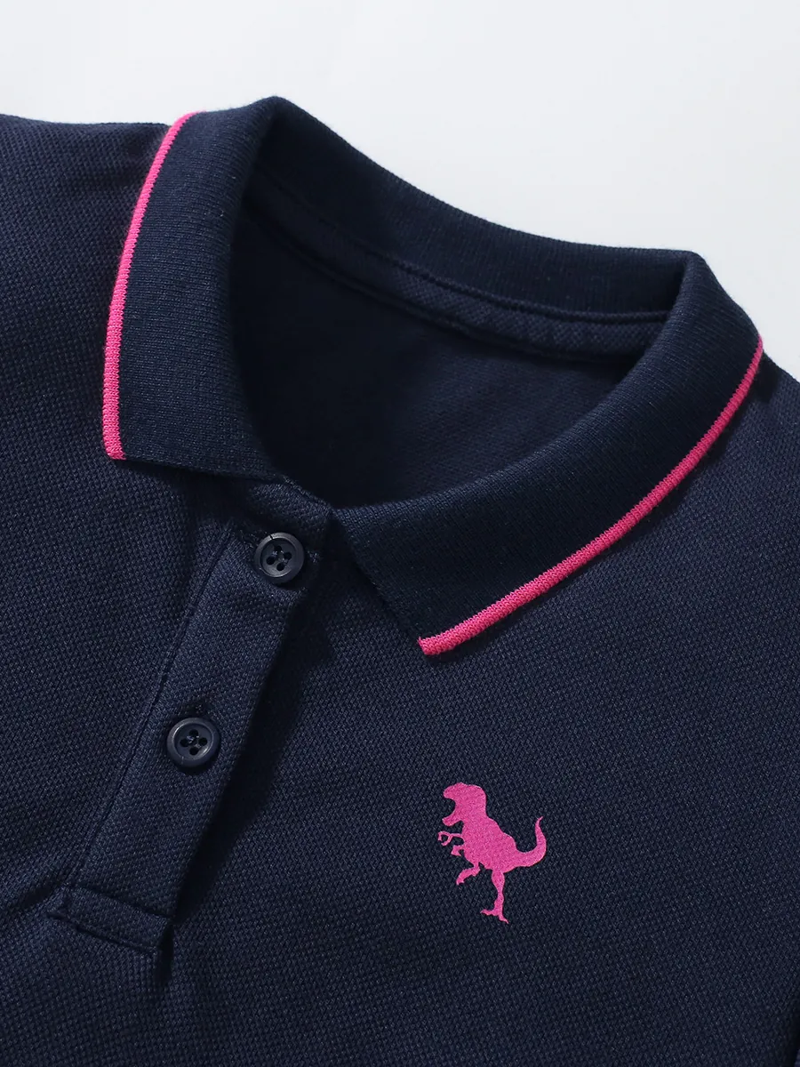 Vestido Polo de Manga Corta de Algodón Azul Marino para Niñas Con Bordado de Dinosaurio Rosa Vestido de Princesa de Verano Casual