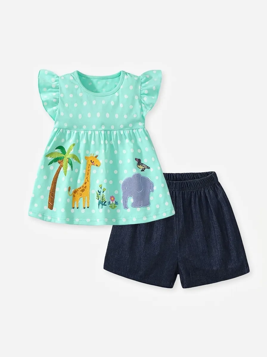 Toddler Girls Summer Clothing Set Polka Dot Cotton Ruffle Short Sleeve T-Shirt And Denim Shorts Cartoon Animal Print Outfit