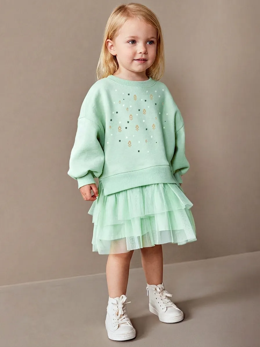 Robe de Princesse à Manches Longues pour Filles Vert Menthe Motif Fleurs Étoiles Jupe en Tulle Maille Doublée Polaire Automne