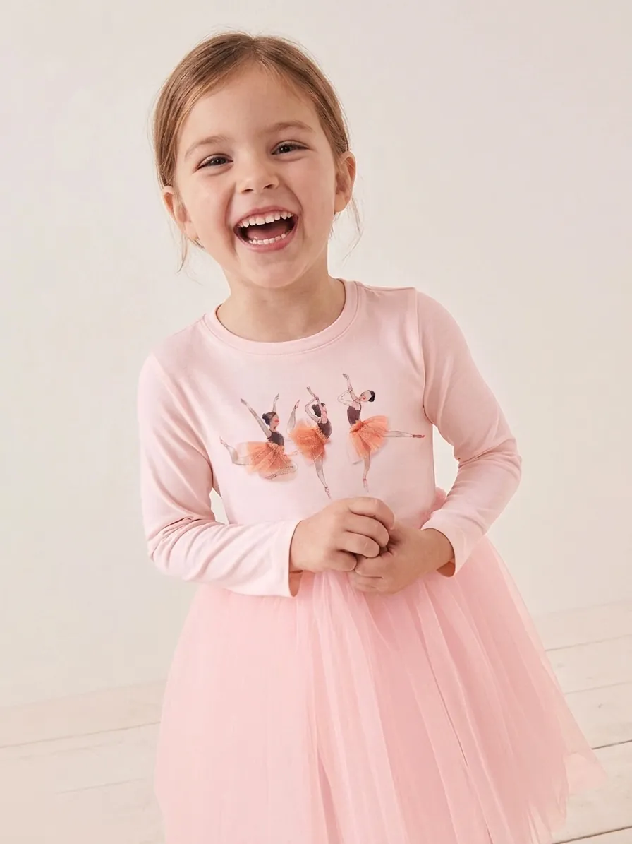 Little Maven Mädchen Langarm Baumwollkleid Rosa Ballett Tänzerin Mesh Tüll Prinzessin Partykleid Für Kleinkinder Kinder