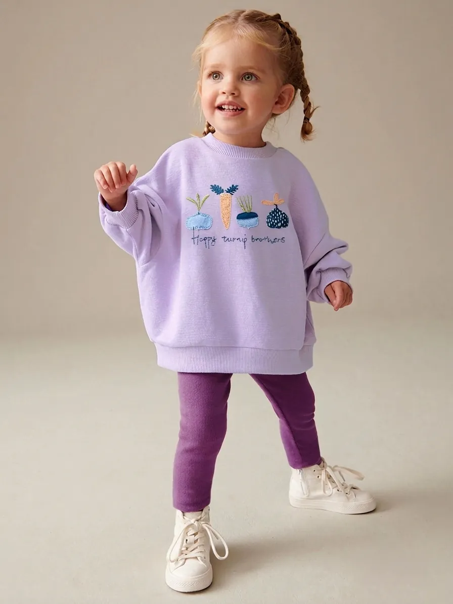 Completo da Bambina Viola Lavanda Felpa a Maniche Lunghe e Pantaloni a Costine Con Ricamo di Verdure Cartoon Abbigliamento Autunnale Casual