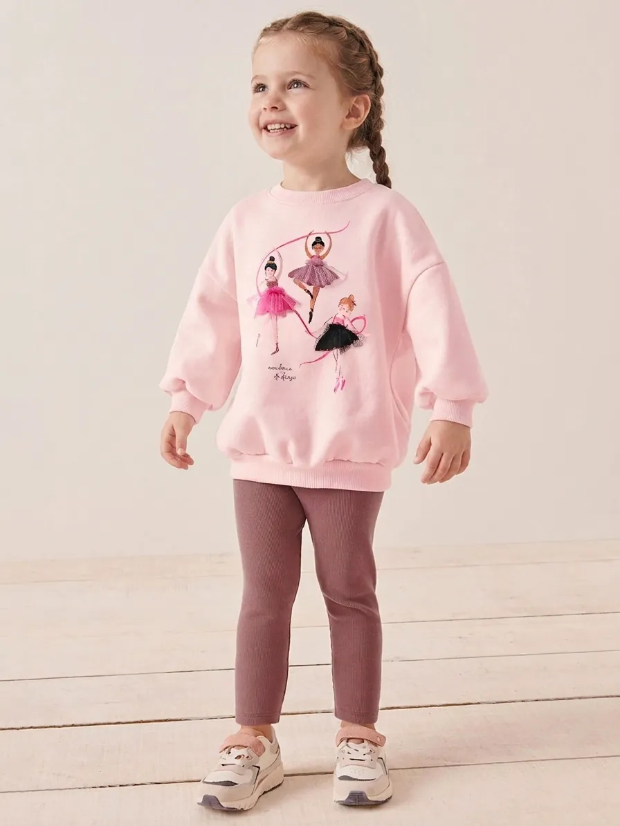 Little Maven Mädchen Kleidung Set Rosa Balletttänzerin Druck Langarm Sweatshirt Mit Lila Gerippte Hose Herbst Outfit