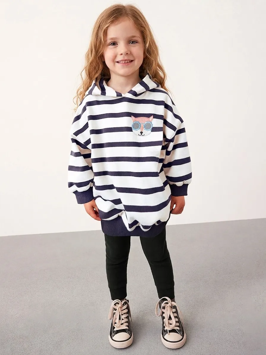 Vêtements Enfants Filles Sweat À Capuche Rayé Et Pantalon Décontracté Haut À Manches Longues Avec Patch Animal Automne