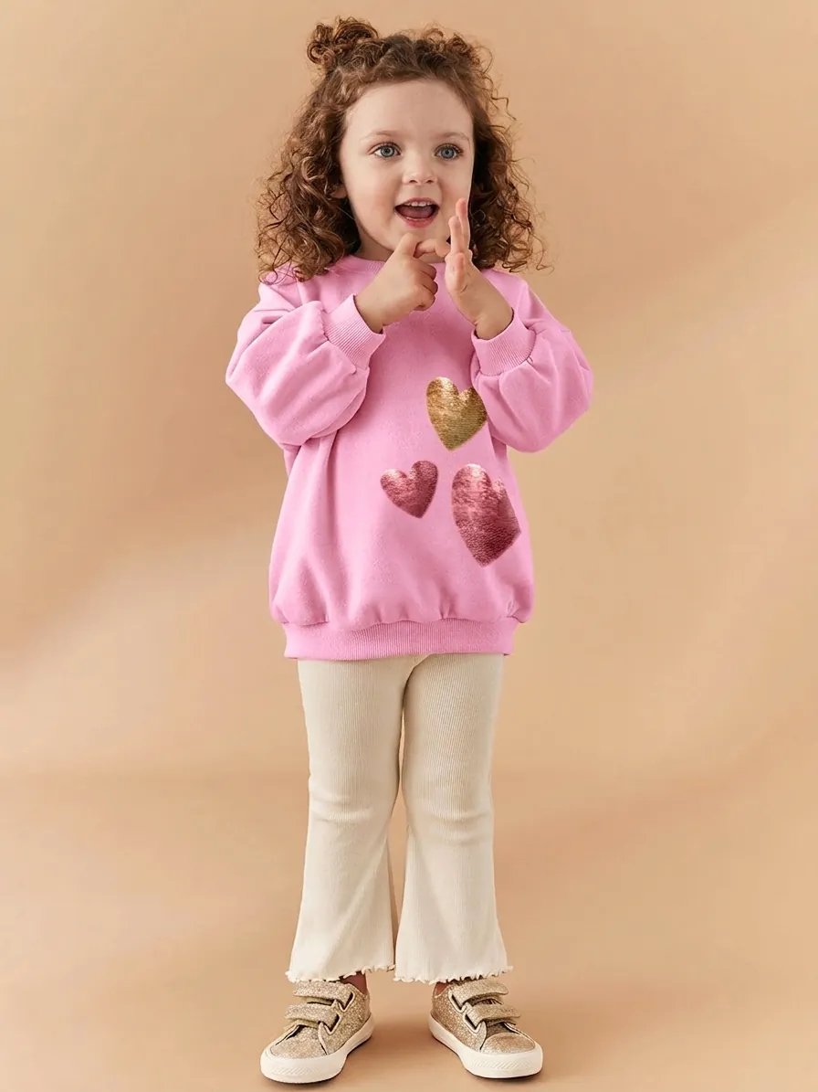 Girls Autumn Long Sleeve Sweatshirt And Flare Pants Outfit Set Sequin Heart Ribbed Casual Children Cotton Clothing