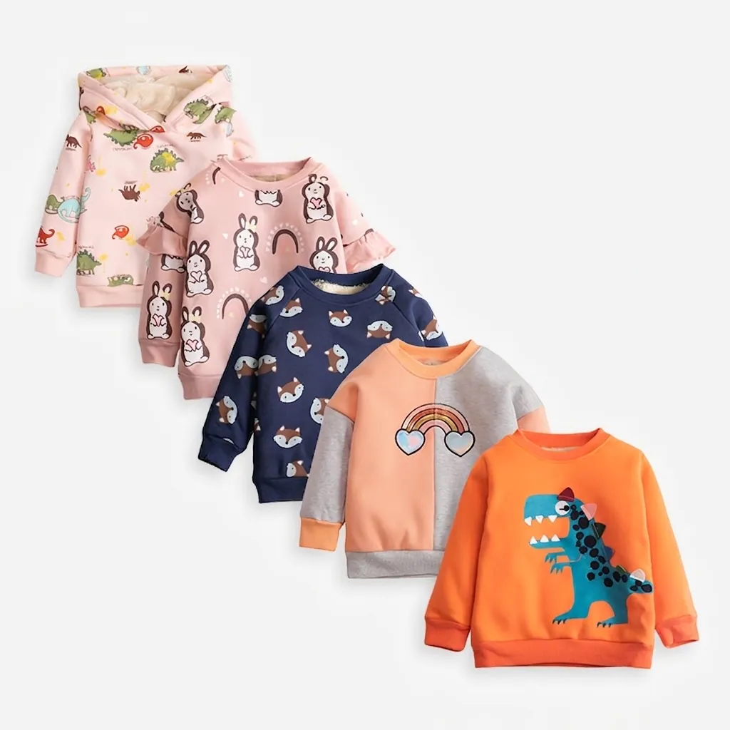 Kids Toddler Fleece Lined Sweatshirt Warm Cotton Long Sleeve Jacket With Cartoon Dinosaur Rabbit For Boys Girls