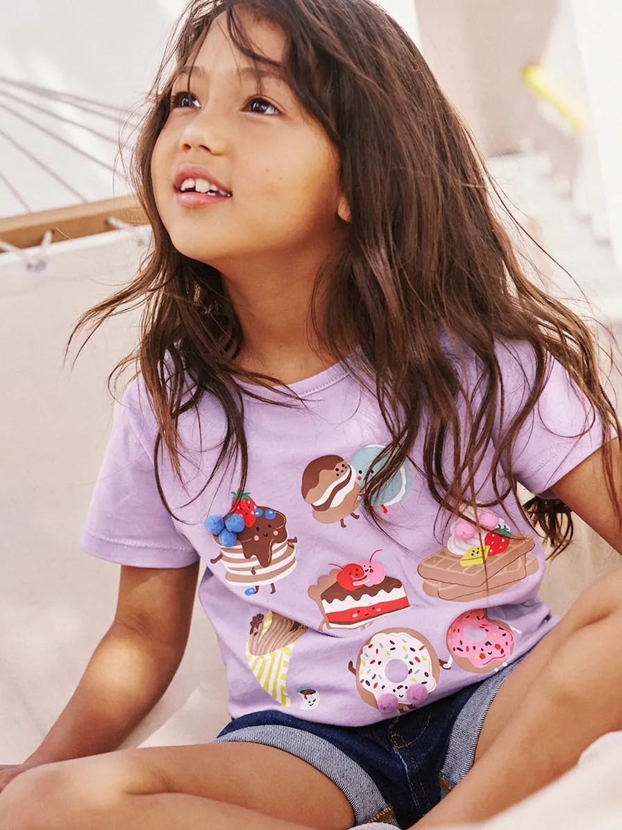 T-Shirt en Coton à Manches Courtes pour Enfants Filles Violet Imprimé Dessert Dessin Animé Col Rond Décontracté Été Haut