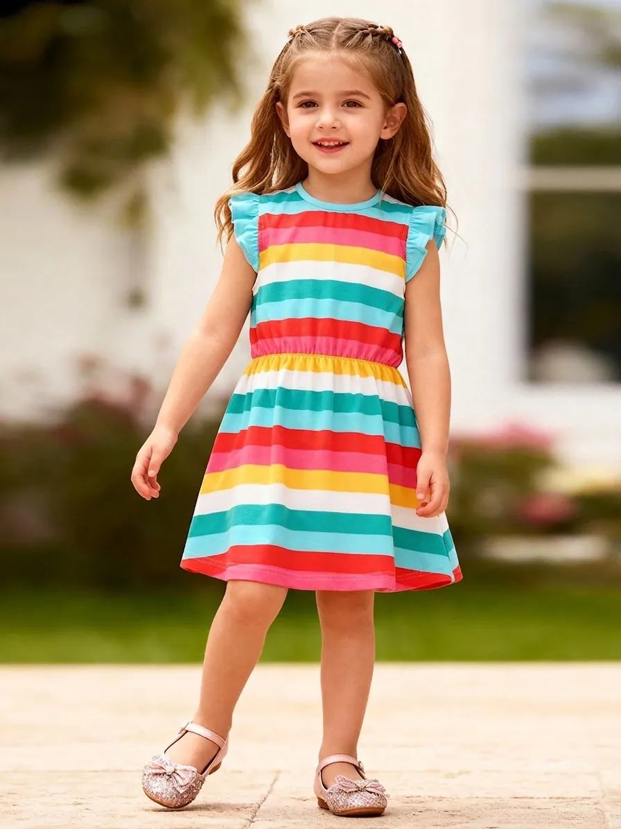 Robe Sans Manches à Rayures Arc-en-Ciel pour Filles Manches Volantes Mélange de Coton Décontracté Princesse Ligne A Été