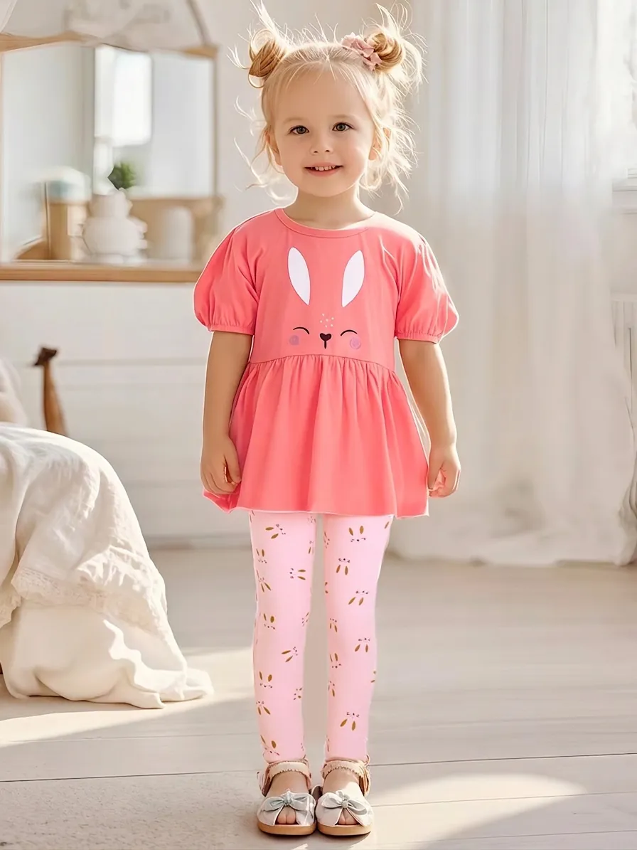 Little Maven Mädchen Sommer Bekleidungsset Baumwolle Rosa Hase Druck Kurzarm Top Und Leggings Zwei Stücke Kleinkind Outfit