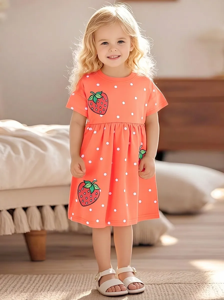 Mädchen Süßes Erdbeer Print Kleid 100% Baumwolle Kurzarm Punktemuster Prinzessin Kleid Für Kleinkinder Sommer Casual Outfit