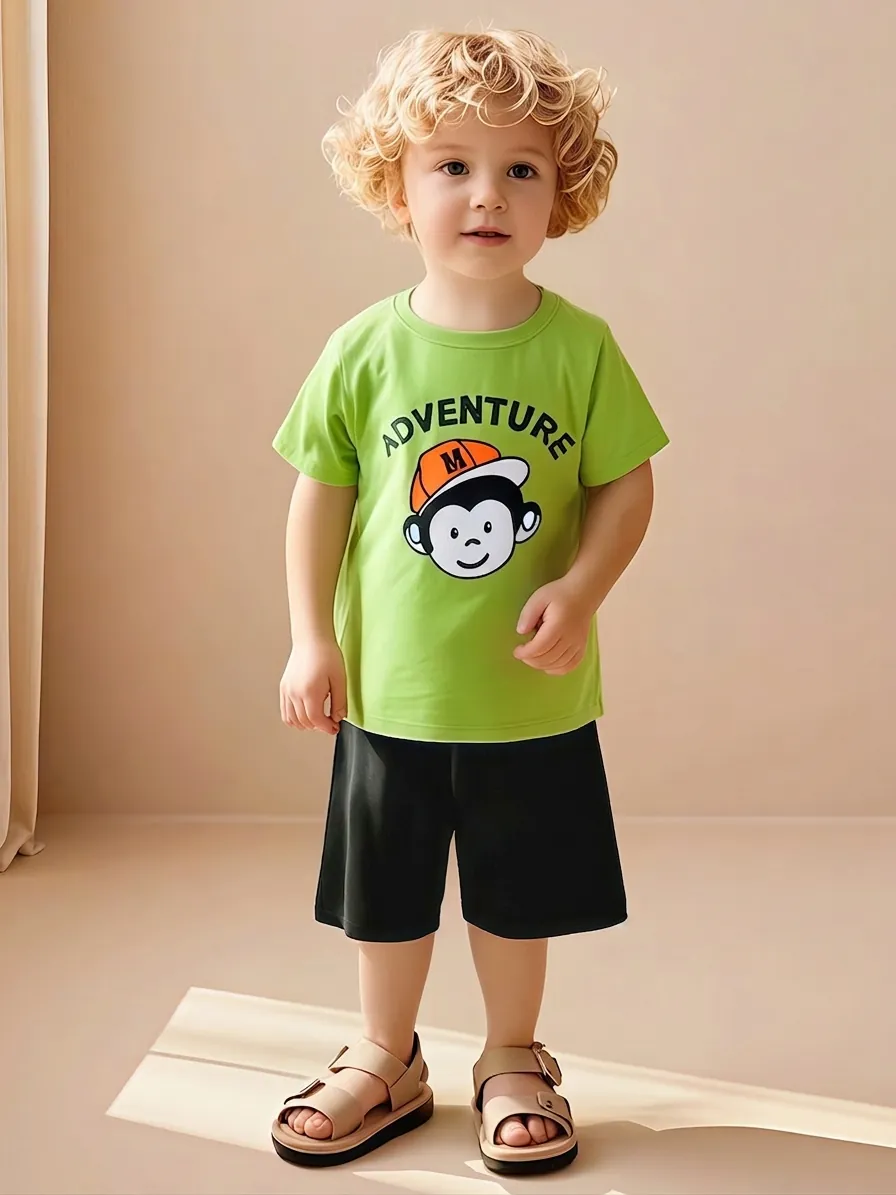 Ensemble T-Shirt à Manches Courtes 100% Coton avec Imprimé Singe et Short pour Garçons Tenue d'Été Décontractée Deux Pièces