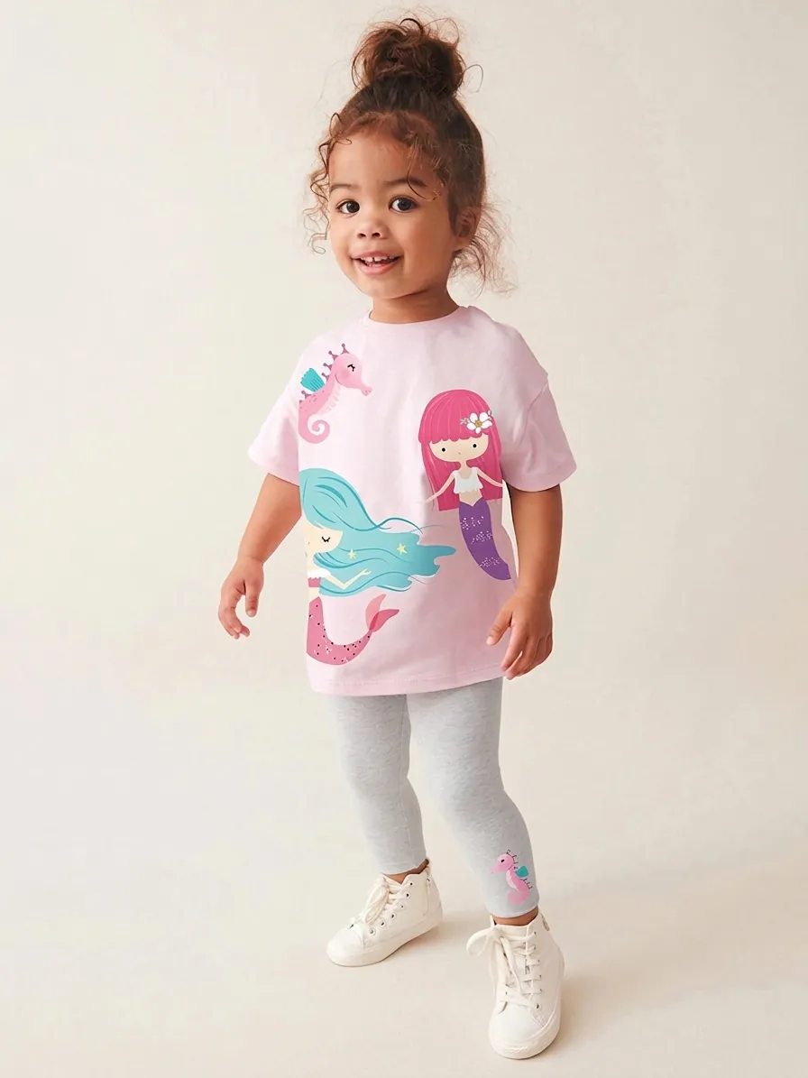 Girls Mermaid Seahorse Printed Cotton Short Sleeve T-Shirt and Long Pants Summer Casual Soft Two-Piece Outfit Clothing Set