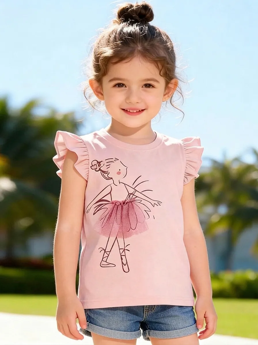 Little Maven Girls 100% Cotton Ballerina Girl T-Shirt With 3D Mesh Tutu Ruffle Fly Sleeves Summer Casual Kids Tops