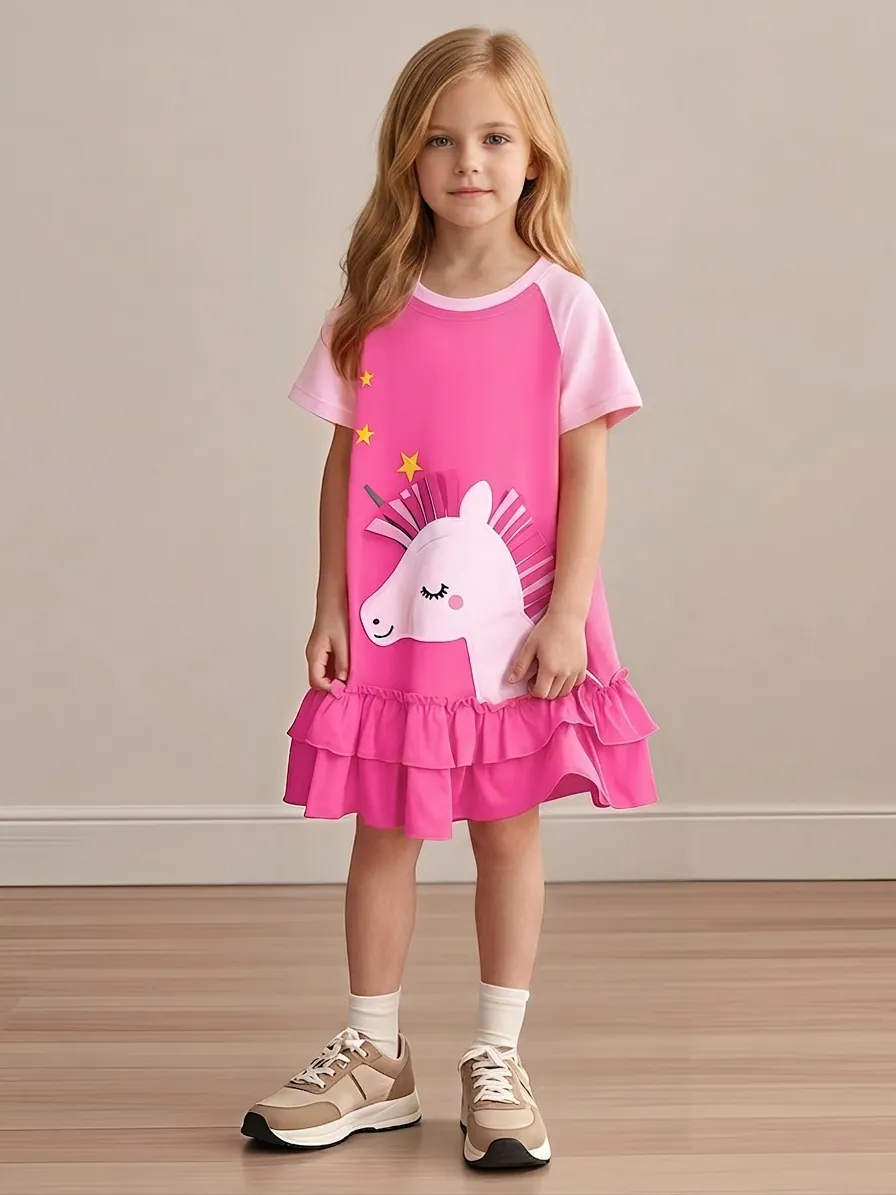 Girls Cute Cotton Short Sleeve Dress Unicorn Applique Ruffle Hem Casual Summer Princess Party Dress For Toddler Kids