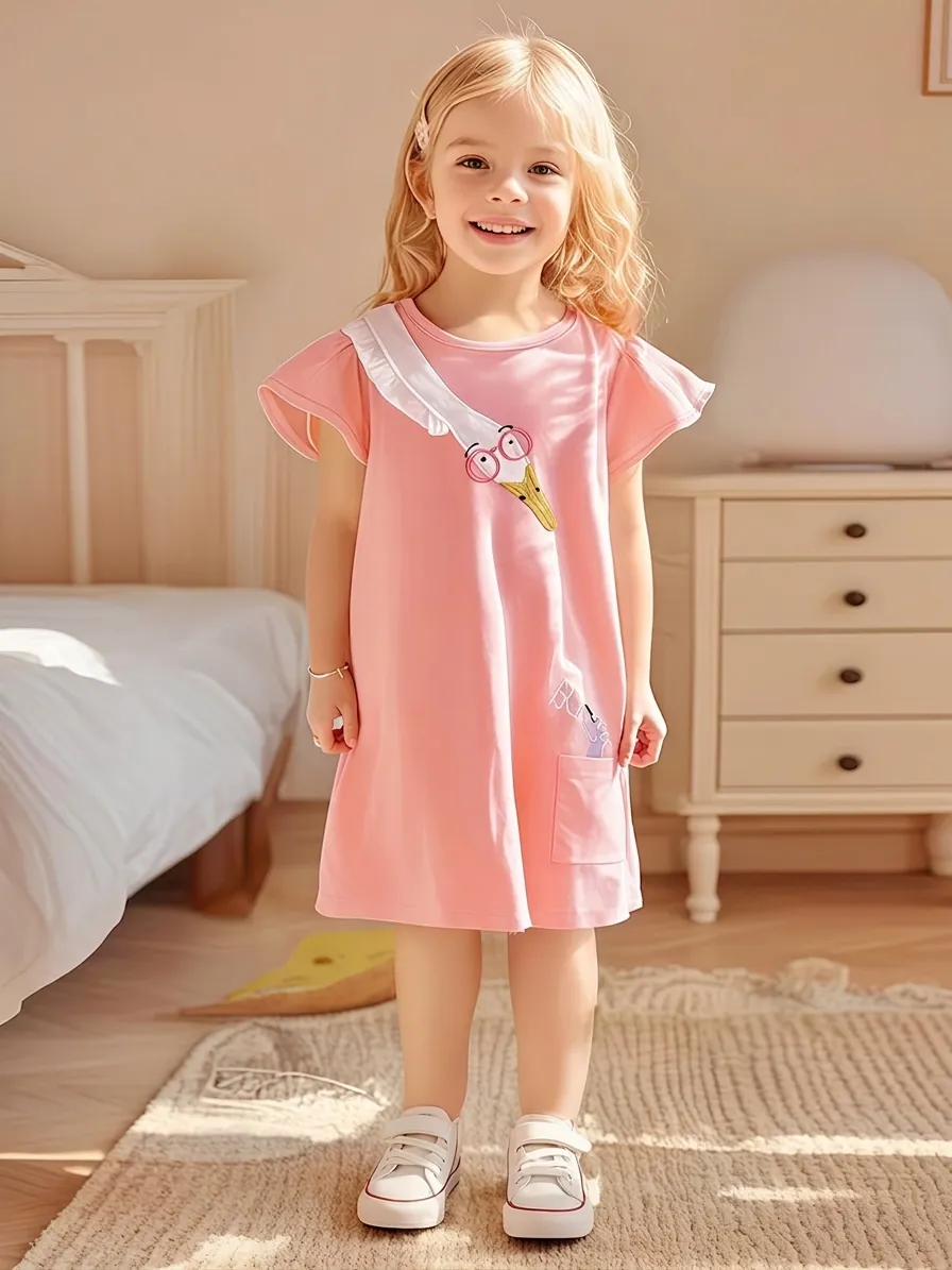 Little Maven Vestito da Bambina Estivo in Cotone Rosa Manica Corta Cartone Animato Cigno Applicazione Maniche con Volant Linea ad A