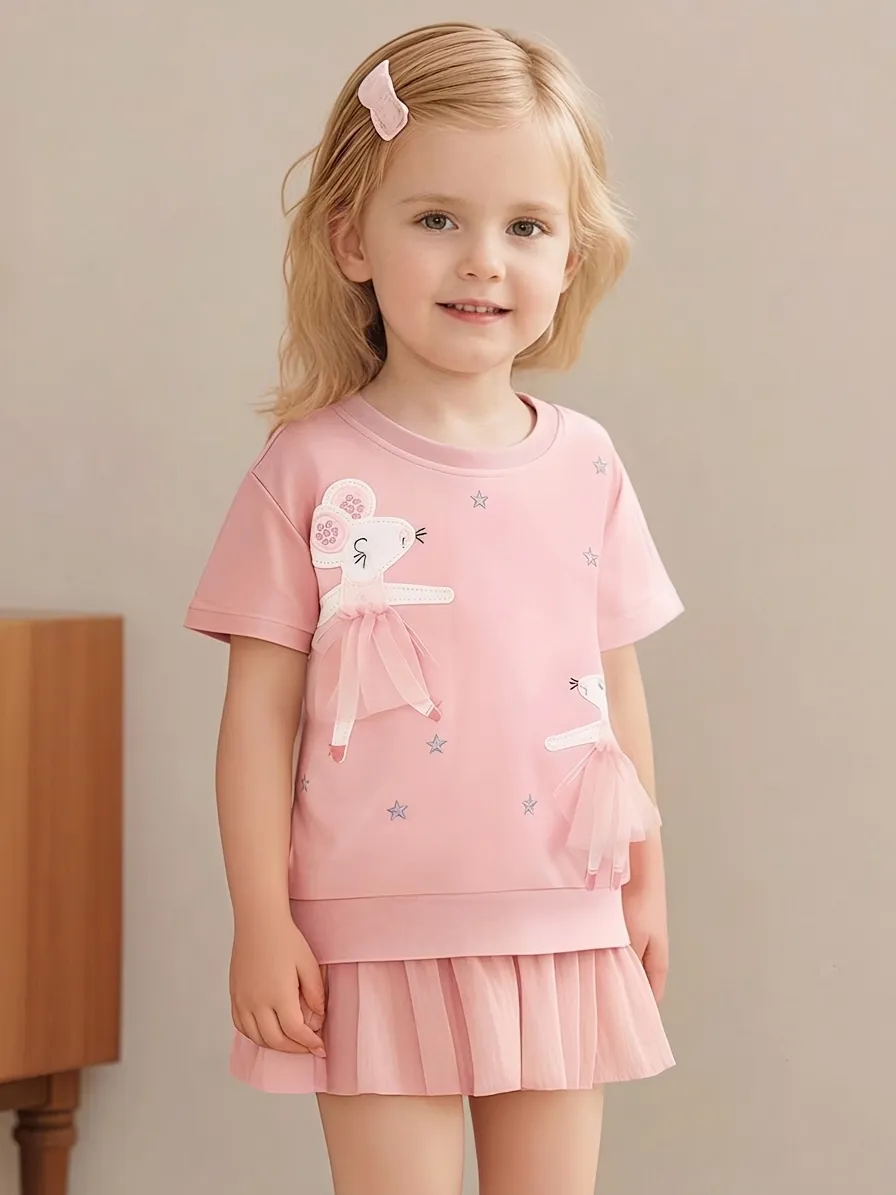 Little Maven Mädchen Sommer Rosa Baumwolle Kleid Netz Tüll Rock Cartoon Maus Applikation Stickerei Kurzarm Prinzessin Rock