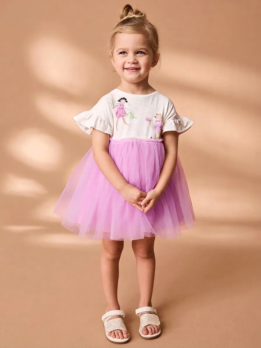Girls Sweet Princess Dress Cotton Short Sleeve Ruffle Cartoon Printed Tulle Patchwork Mesh Party Tutu Dress For Kids