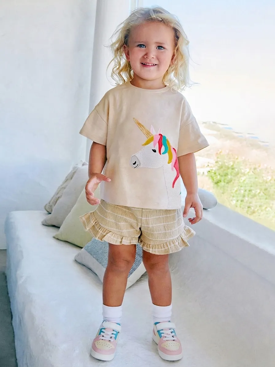 Girls Summer Cotton Cartoon Unicorn Short Sleeve T-Shirt And Striped Ruffle Shorts Two-Piece Casual Outfit Set For Kids