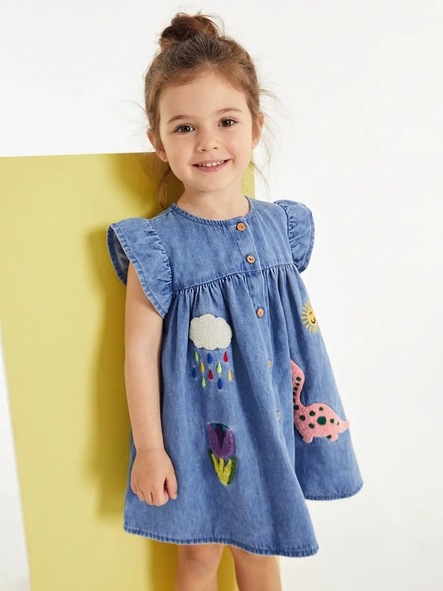 Vestito di Jeans da Ragazza con Applique di Dinosauro Animato Estivo a Maniche Corte in Cotone con Bottoni in Legno
