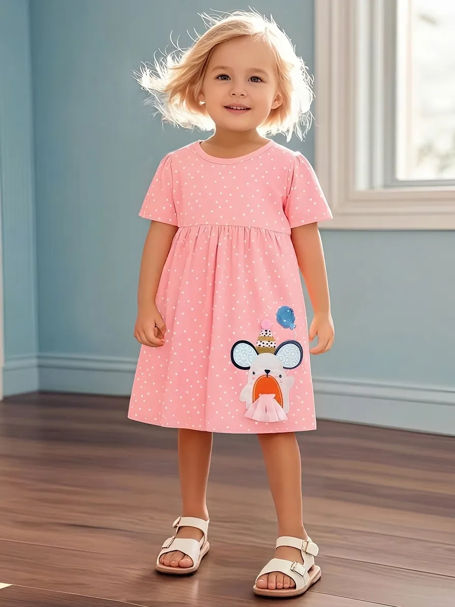 Toddler Girls Summer Cotton Short Sleeve Dress Cute Mouse Appliqué Polka Dot Star Print Casual Princess Party Dress