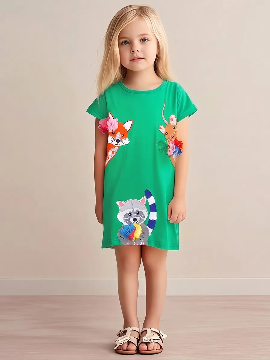 Girls Summer Cotton Short Sleeve Dress Animal Applique With 3D Mesh Flower Cartoon Casual Princess Dress For Kids