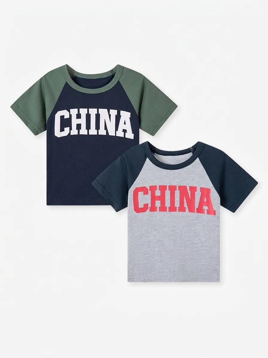 Boys Raglan Short Sleeve T-Shirt Cotton Blend China Letter Printed Contrast Color Crew Neck Summer Casual Kids Top