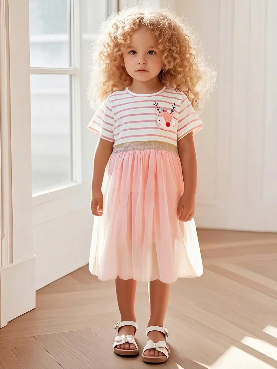 Kleinkinder Mädchen Kurzarm Prinzessin Kleid Rosa Weiß Gestreift Rentier Applikation Mesh Tutu Sommer Baumwolle Spleißen Kleid