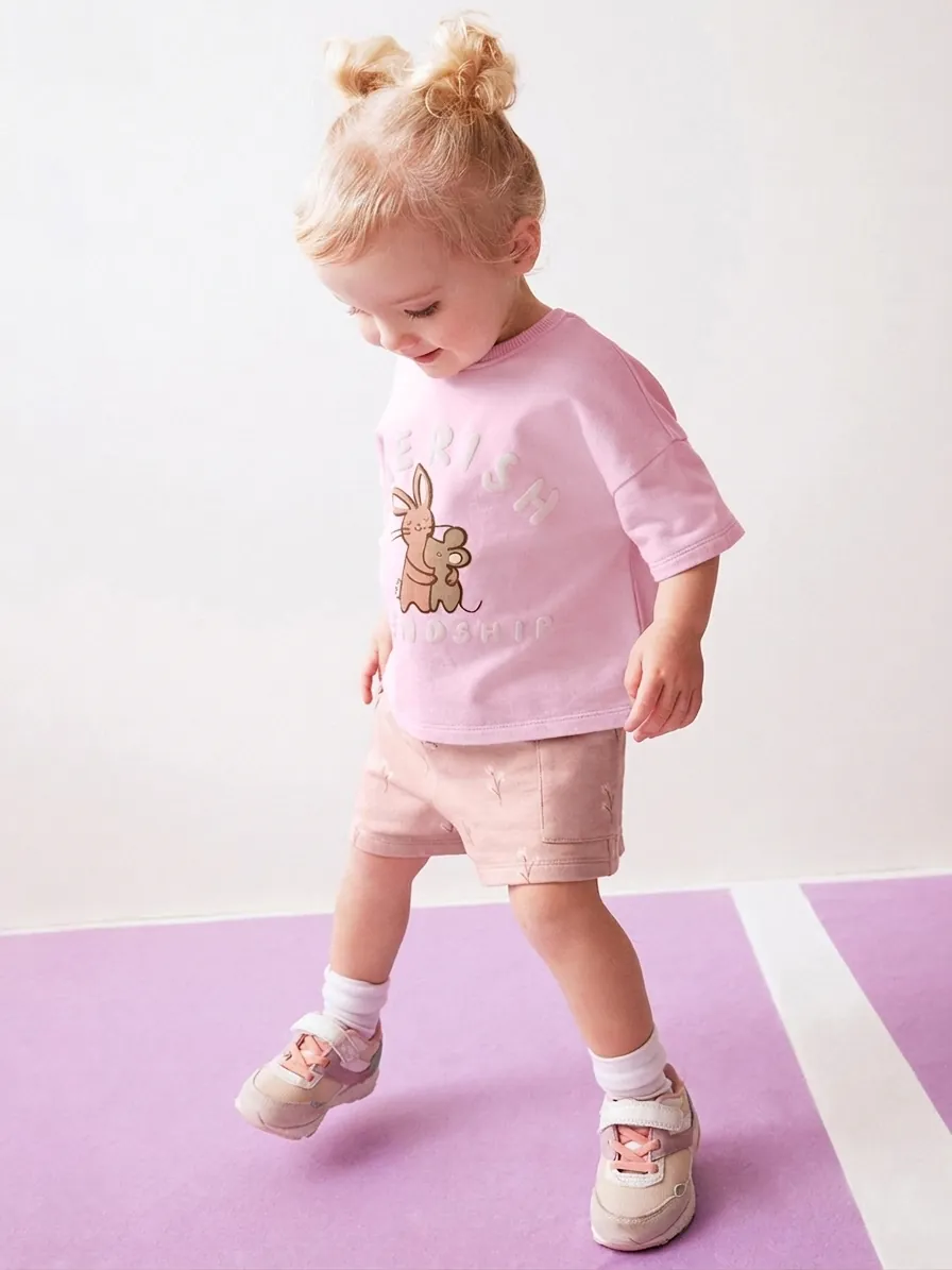 Completo Estivo in Cotone per Bambine Maglietta a Maniche Corte con Coniglio e Pantaloncini Cargo Floreali Rosa