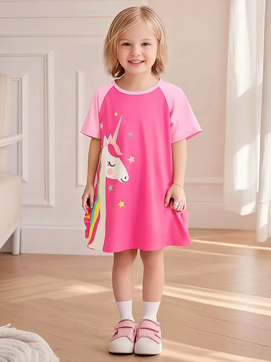 Robe à Manches Courtes en Coton Licorne Little Maven pour Filles Rose Été Décontractée Ligne A Robe de Princesse
