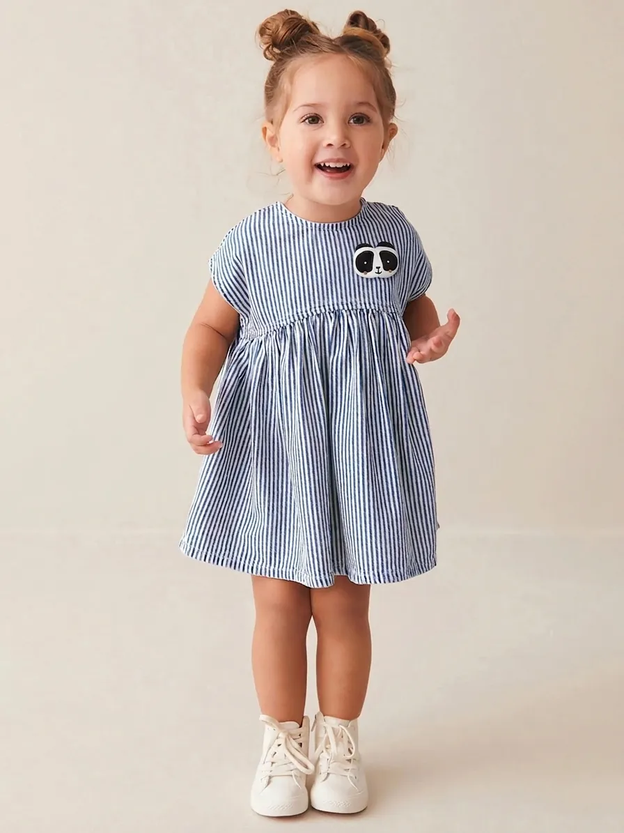 Mädchen Ärmellos Blau Gestreift Baumwolle Kleid Mit Süß Panda Patch Stickerei Sommer Lässig Kleinkinder Kinder A-Linie Kleid