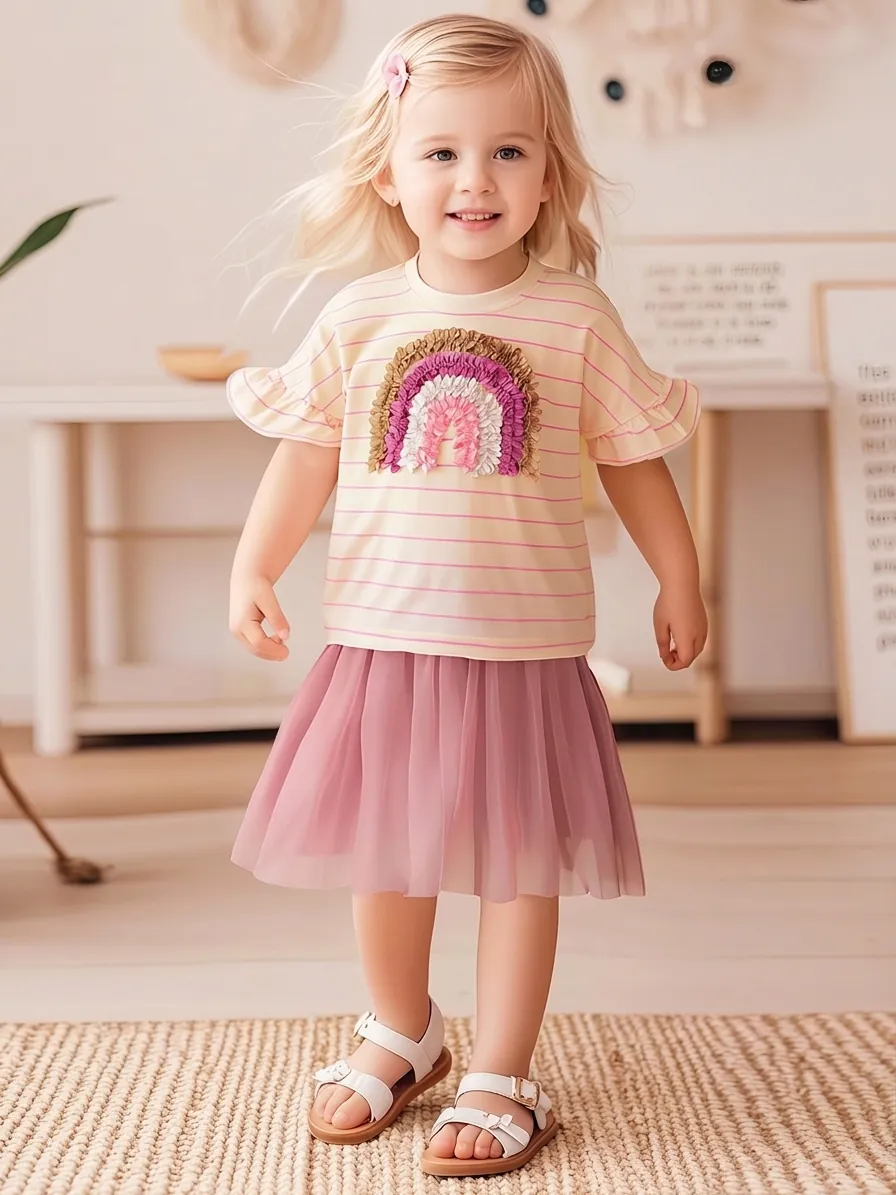Ensemble T-Shirt en Coton et Jupe en Maille pour Filles Rayures Roses Arc-en-Ciel Appliqué Haut d'Été Manches Courtes et Jupe Tutu