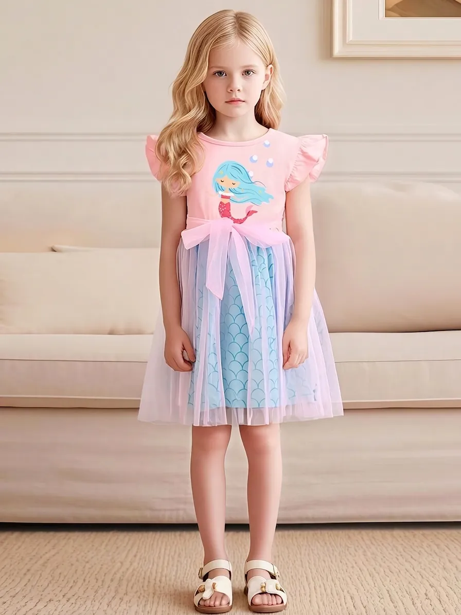 Robe de Princesse Sirène pour Petites Filles Patchwork en Filet Manches Volantes Rose Bleu Été Enfants Robe de Fête Tutu
