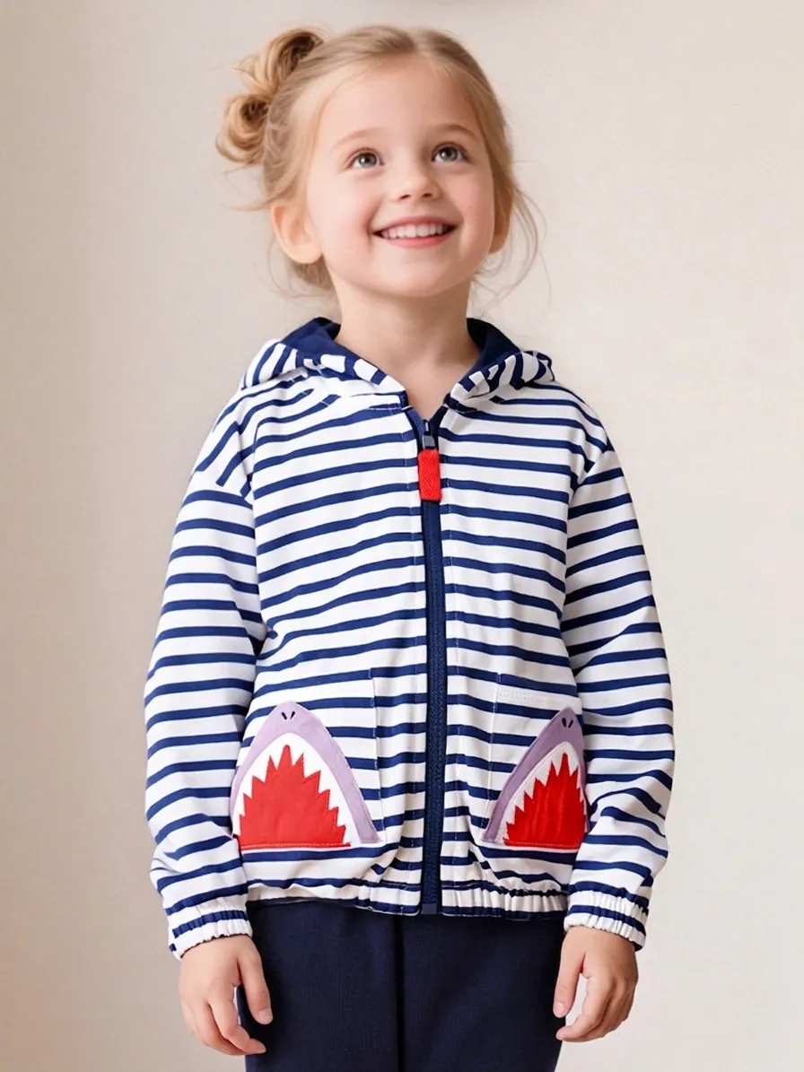 Little Maven Girls Autumn Cotton Hooded Jacket Blue White Striped Shark Pocket Casual Kids Clothing Outfit