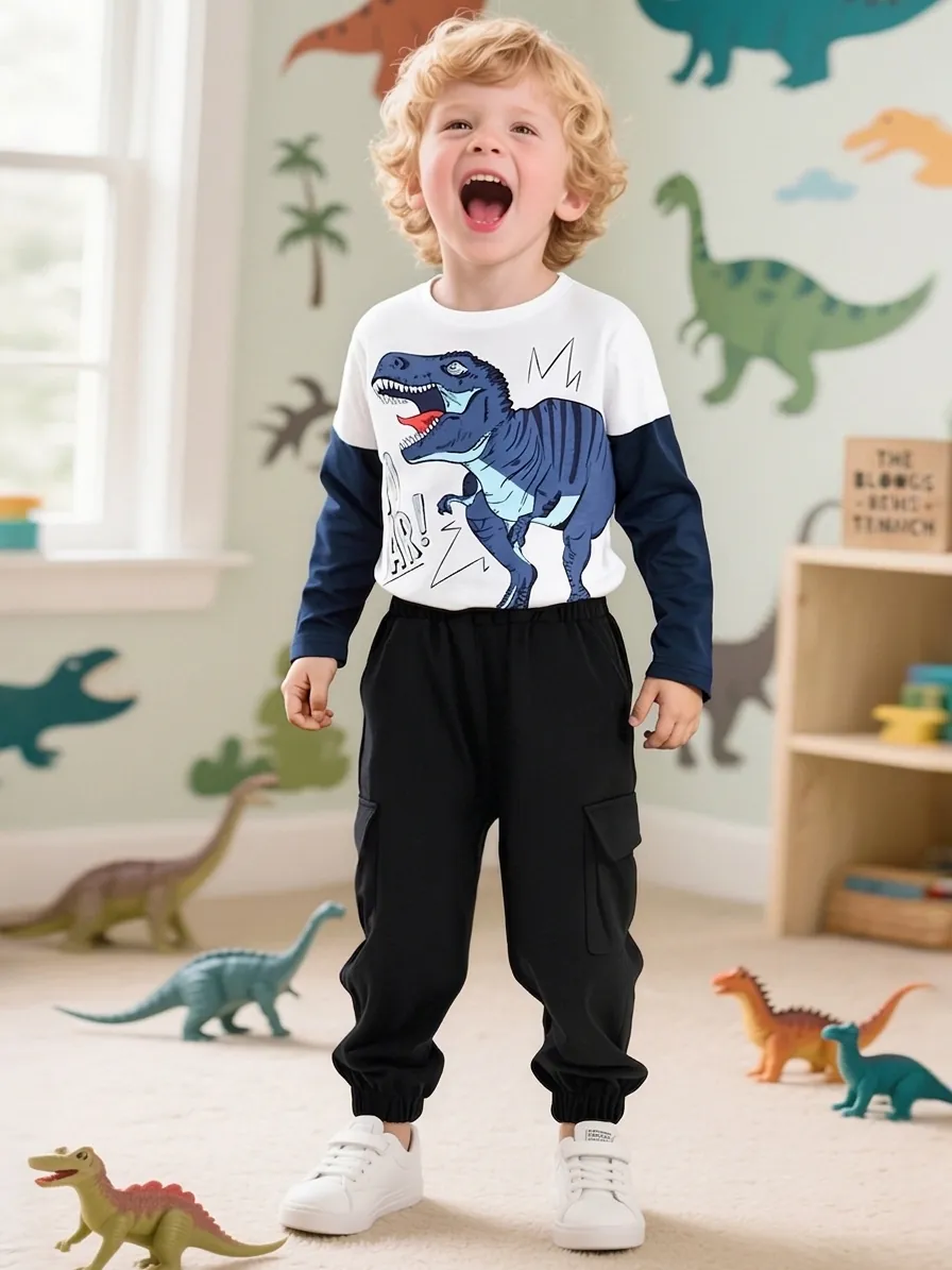Little Maven Boys Cotton Dinosaur Print Long Sleeve T-Shirt Black Cargo Pants Autumn Casual Kids Fashion Clothing Set Component