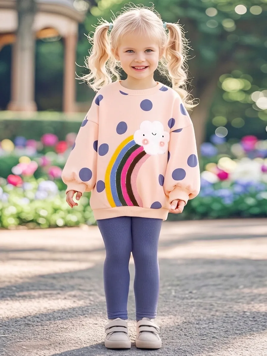 Ensemble de Vêtements Fille Doublé Polaire Arc-en-ciel Nuage Pois Sweat Manches Longues Pantalon Nervuré Automne Coton