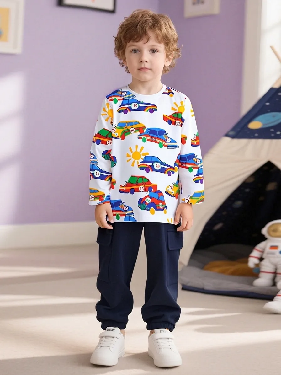 Little Maven Ensemble T-Shirt Manches Longues en Coton et Pantalon Cargo Garçon Imprimé Voiture Automne Décontracté Enfant
