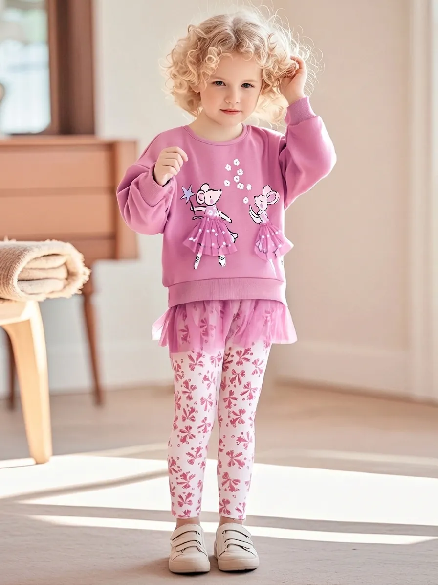 Little Maven Kleinkinder Mädchen Fleece Gefüttert Kleidung Set Cartoon Ballett Maus Rosa Langarm Top Und Schleifen Hose Outfits