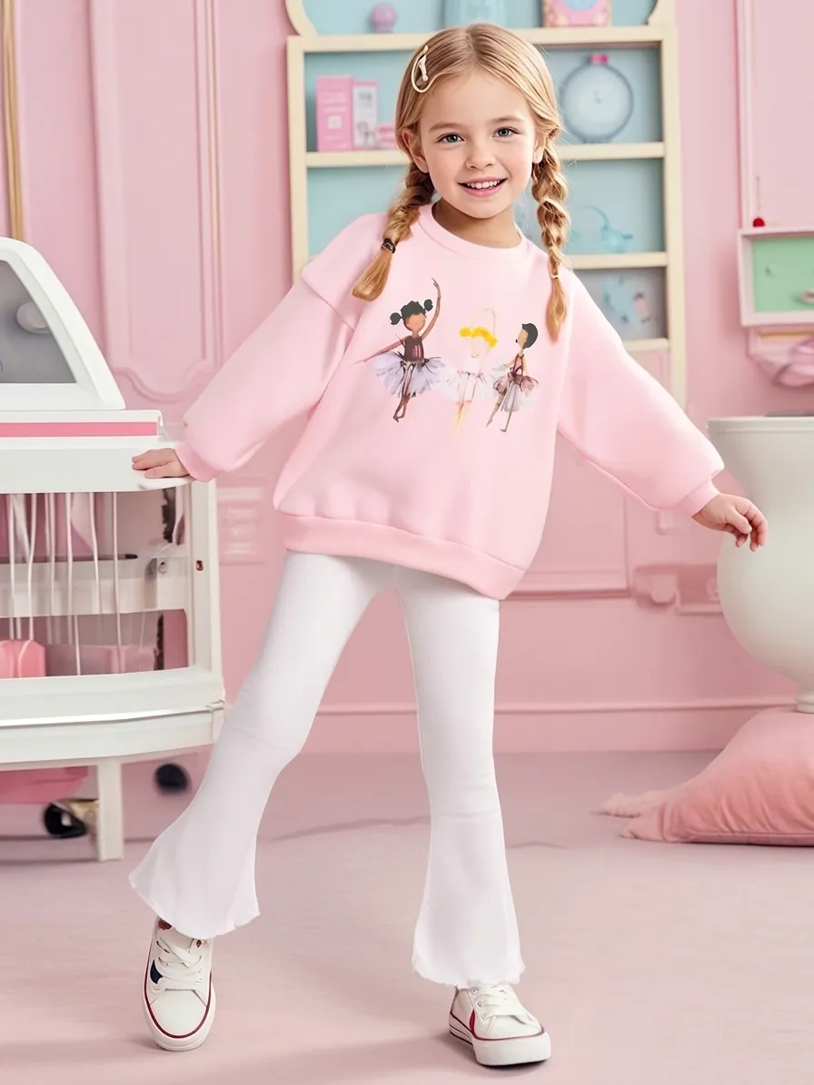 Tenue pour Filles Sweat-shirt Pullover Doublé de Polaire et Pantalon Nervuré Évasé Imprimé Ballerine Col Rond Décontracté
