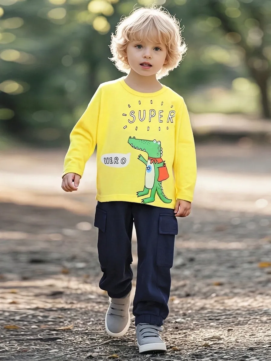 Little Maven Boys Cartoon Crocodile Superhero Long Sleeve Top Dark Blue Cargo Jogger Pants Breathable Cotton Clothing