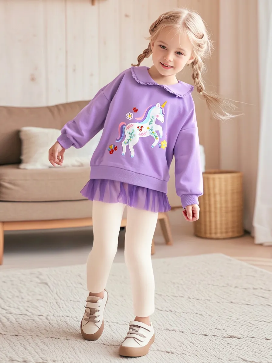 Girls Unicorn Embroidered Cotton Sweatshirt Mesh Splicing Top And Ribbed Pants Fall Outfit Clothing For Toddlers