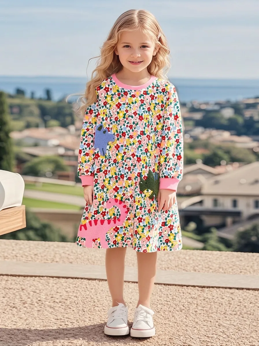 Robe à Manches Longues en Coton Floral pour Filles Avec Applique Dinosaure Robe de Princesse d'Automne pour Enfants
