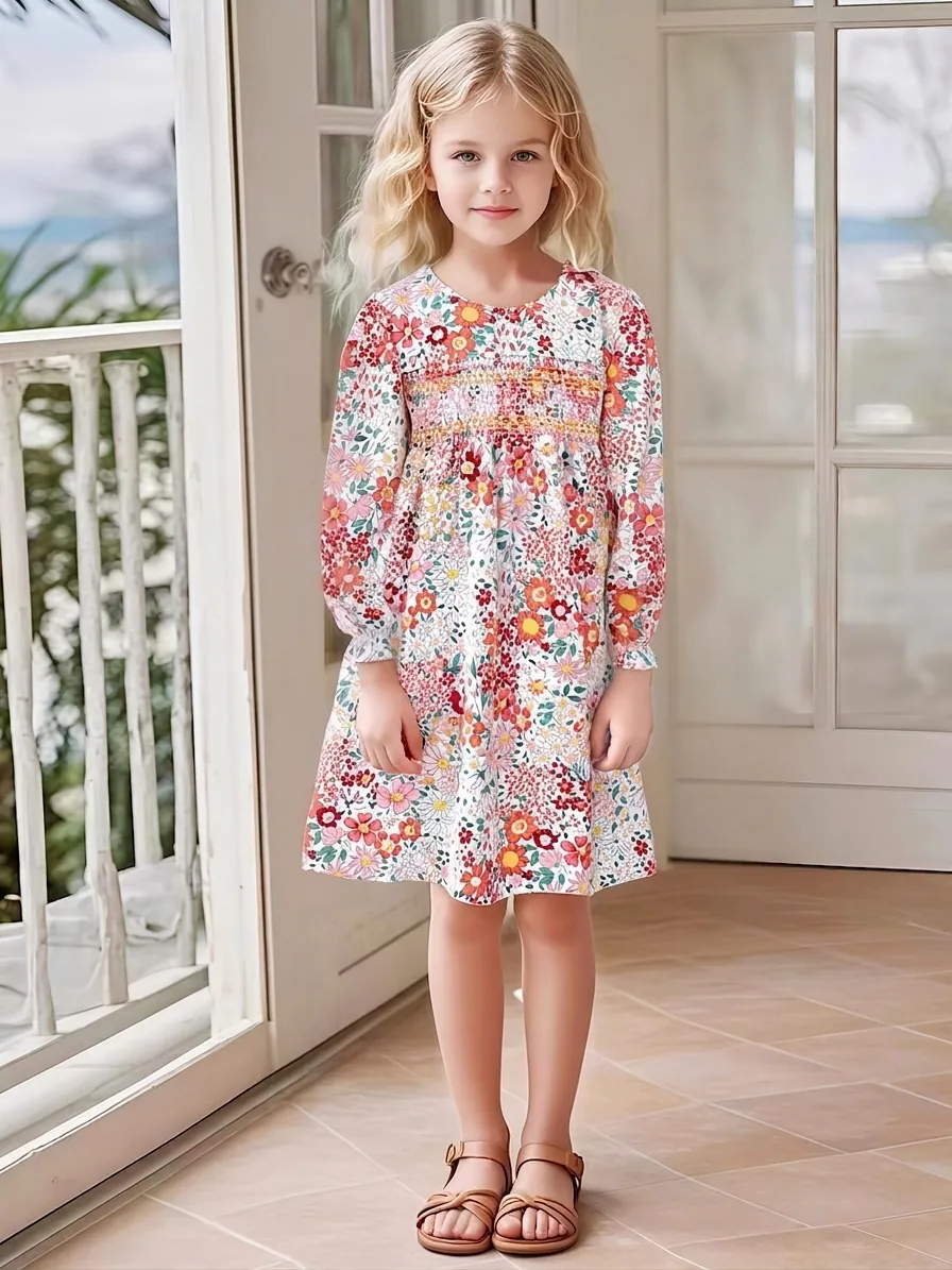 Girls Cotton Long Sleeve Floral Dress Pastoral Style Smocking Smocked Round Neck Autumn Children Princess Dress Clothing
