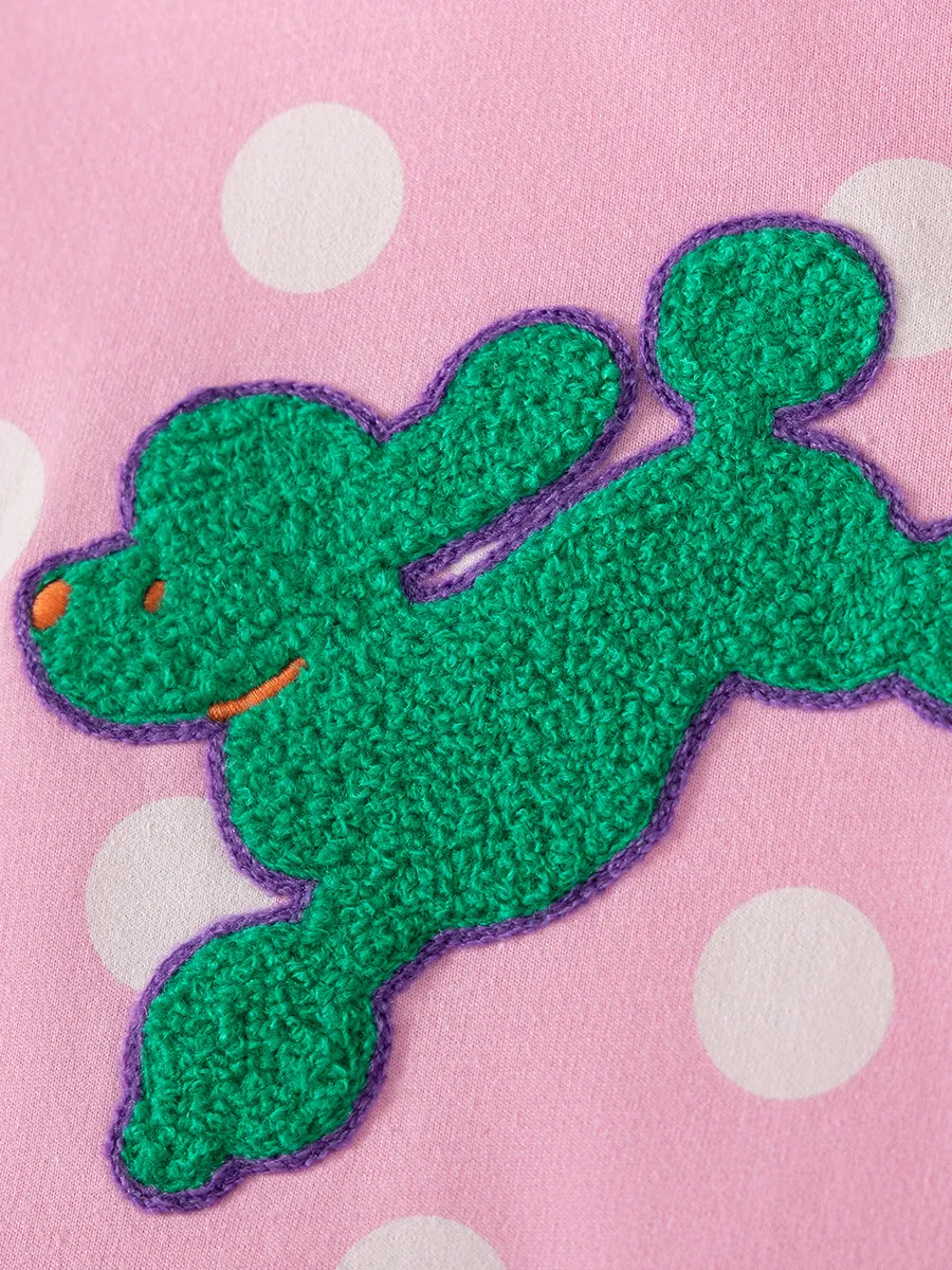 Kleinkind Mädchen Langarm Baumwollkleid Rosa Weiß Punktemuster Welpe Hund Patch Stickerei Herbst Kinder Prinzessin Kleidung