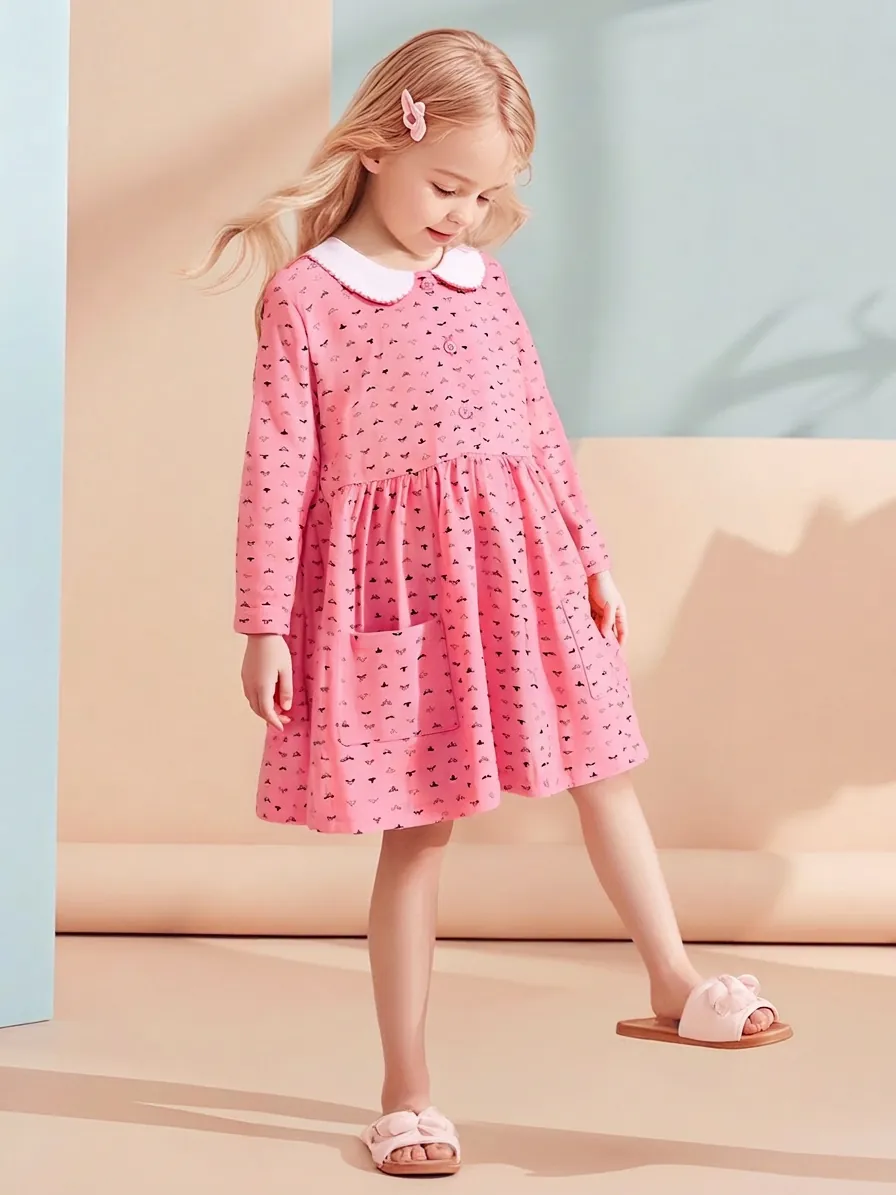 Mädchen Langarm Rosa Baumwollmischung Kleid Mit Peter-Pan-Kragen Lässig Bedruckt Krone Herz Muster Kinder Kleidung