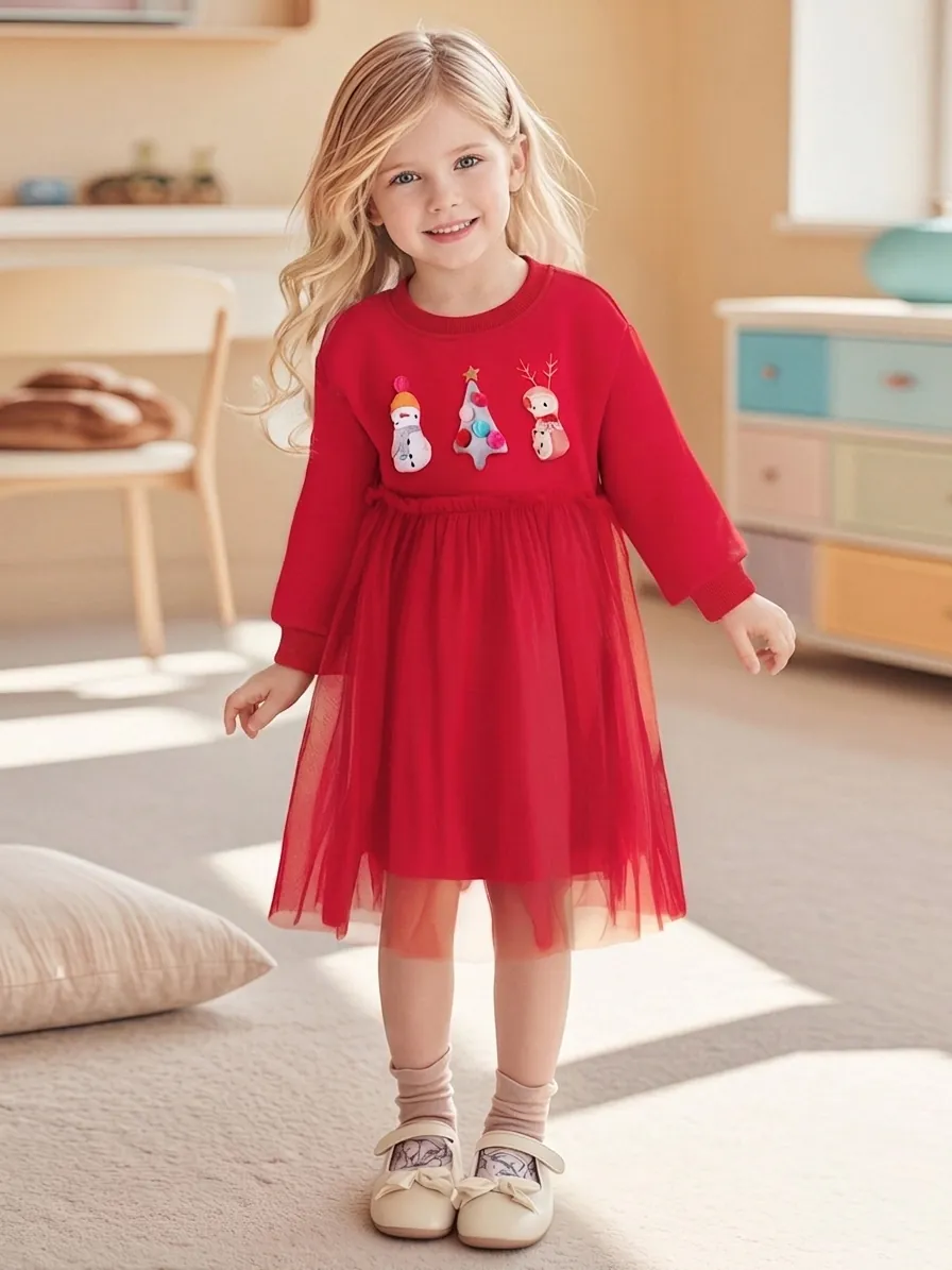 Little Maven Girls Christmas Red Long Sleeve Fleece Lined Dress 3D Applique Snowman Reindeer Tulle Skirt Kids Festive Outfit
