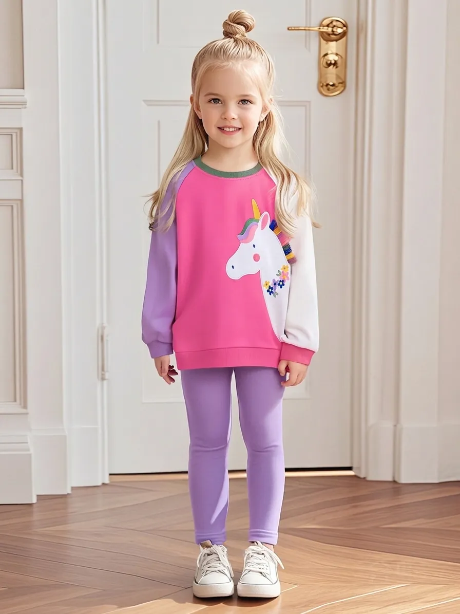 Girls Casual Cotton Clothing Set Unicorn Appliqué Embroidery Long Sleeve Top And Pants Patchwork Autumn Children Outfit
