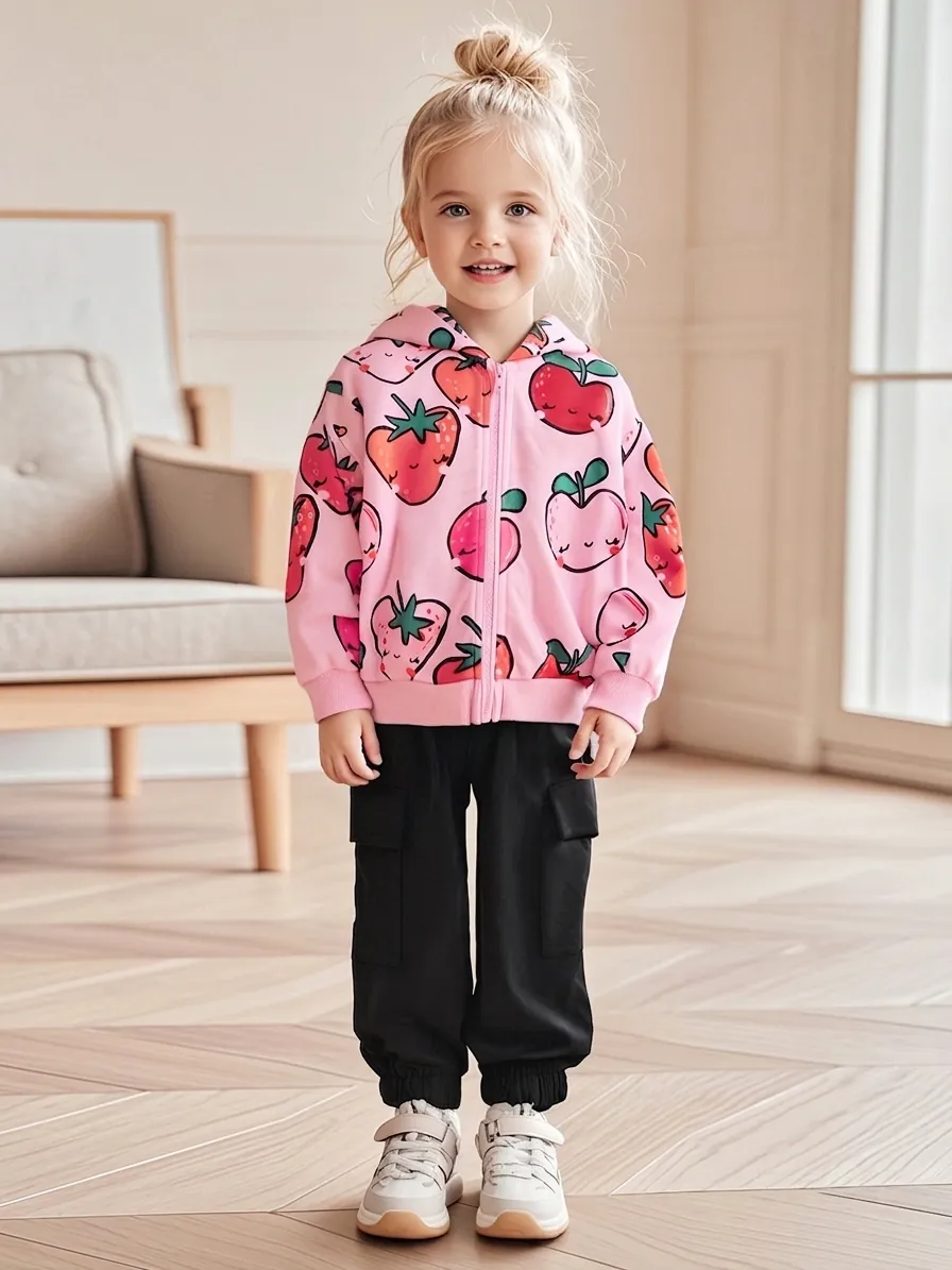 Ensemble Sweat à Capuche Zippé Imprimé Fruits et Pantalon Cargo Noir pour Filles Automne Manches Longues Polyester Coton